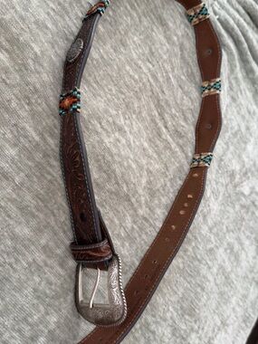 Brown Tooled Leather Belt with Turquoise Accents